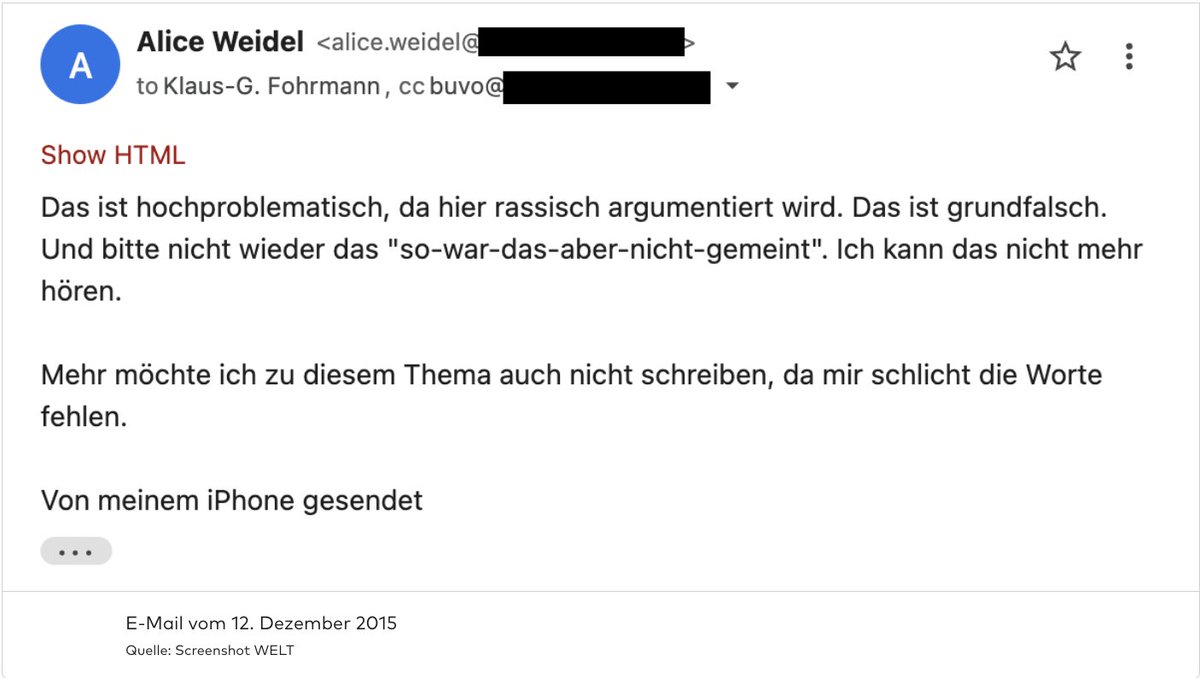 FreSchindler's tweet photo. Heute klingt Alice Weidel völlig anders: E-Mails aus den #AfDLeaks legen offen, wie scharf sich die heutige AfD-Bundesvorsitzende zwischen 2015 und 2017 intern immer wieder von Rechtsaußen abgrenzte – etwa von Höcke.

Recherche @welt, mit weiteren Mails: https://t.co/qqhgj0wUMF https://t.co/O1GQidFov0