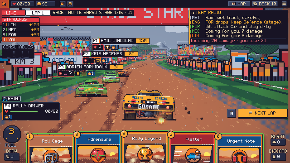 lainemotorsport's tweet photo. Rally in the rain 🌧️ Weather changes the rules of every race: a wet track makes braking harder, and your team radio tells you what each rival is about to do before they do it.
#indiedev #roguelike #pixelart #gamedev https://t.co/iOVuxfkKtY