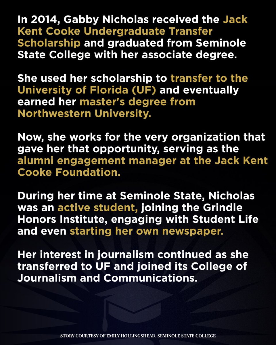 EducationFL's tweet photo. This National Transfer Student Week, we’re highlighting students like Gabby Nicholas, an @SeminoleState alumna who is making a difference.

In 2014, Gabby received a @TheJKCF scholarship which allowed her to transfer to @UF.

Now, she’s the alumni engagement manager at the very foundation that gave her this opportunity! Read her full story: https://t.co/SfWowBT8FI