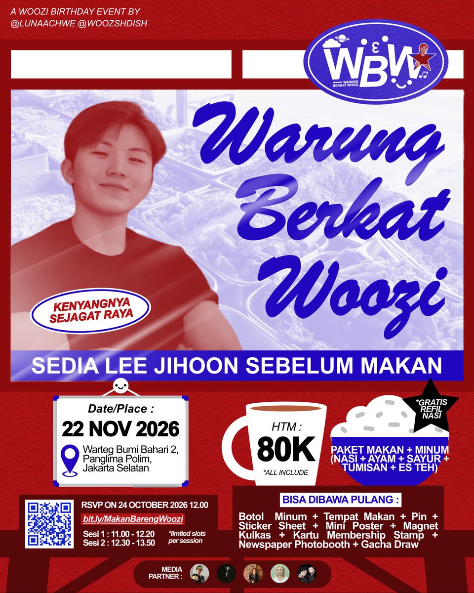 ayhers's tweet photo. 🍚Woozi Birthday Event🍚
by @lunaachwe  @Woozshdish 

Merayakan ulang tahun abang Lee Jihoon di Grand Opening cabang pertama ‘Warung Berkat Woozi’ 🍽️

🗓️22 Nov 2026
⏰11.00-13.50
📍Warteg Bumi Bahari 2, Jaksel

RSVP on 24 Oct’26 12.00
🔗 https://t.co/z1ms7mLpzA

#MakanBarengWoozi https://t.co/5zqt4nxrMh