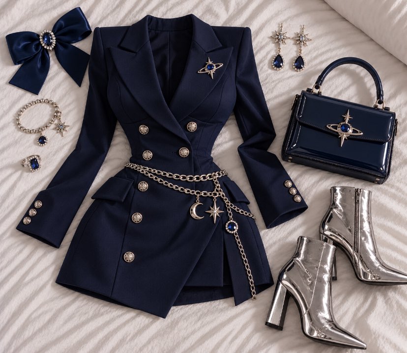 PinkPrivilege5's tweet photo. A chic navy blue tailored blazer dress styled with celestial jewelry, a chain belt, matching handbag, and metallic silver boots. https://t.co/hUFAmvo0dk