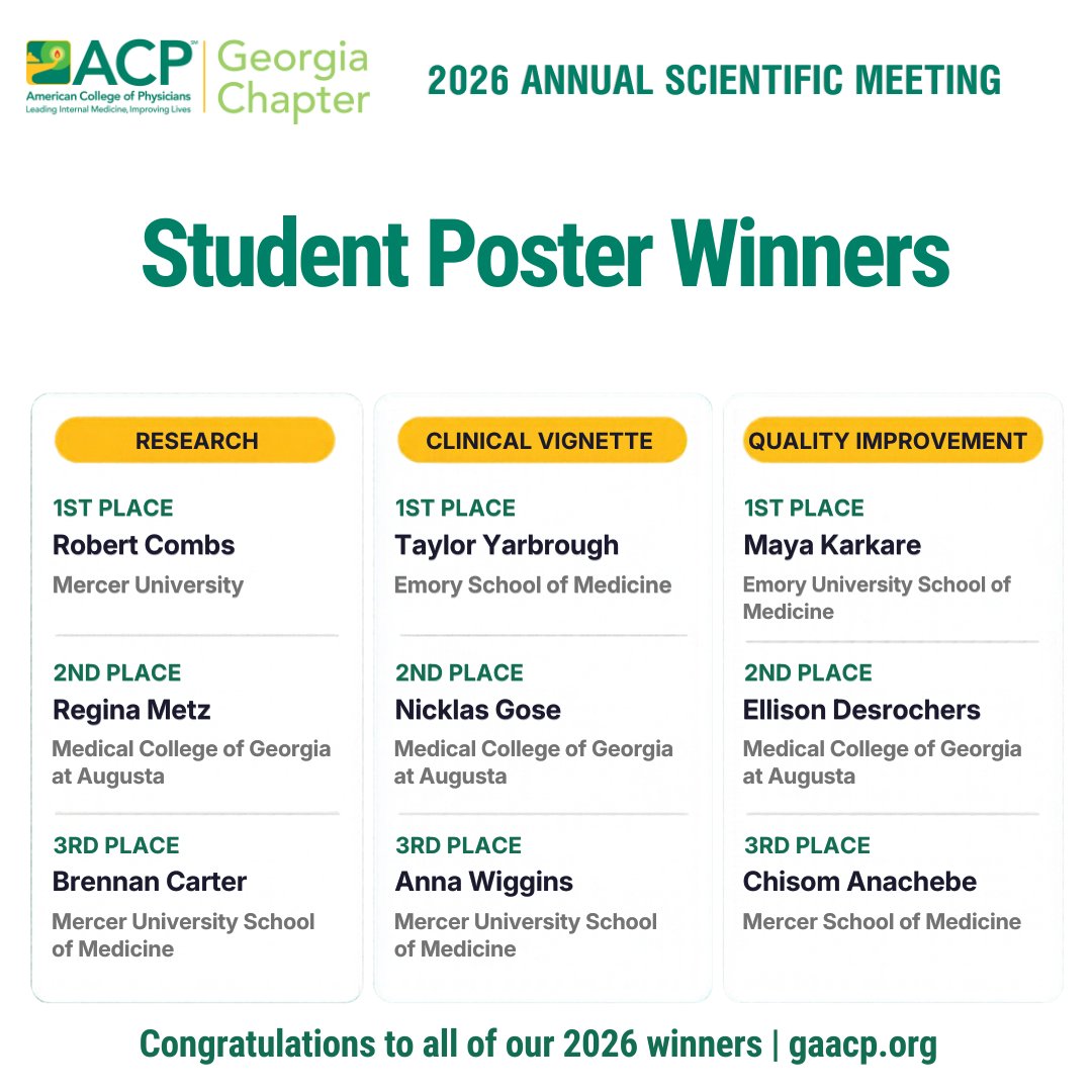 GAACP1's tweet photo. The abstract competition at the Annual Meeting gave residents and medical students a chance to share their research, clinical cases, and quality improvement work with colleagues from across the state. Congratulations to our winners!#gaacp2026 https://t.co/q6mtLqs8cn