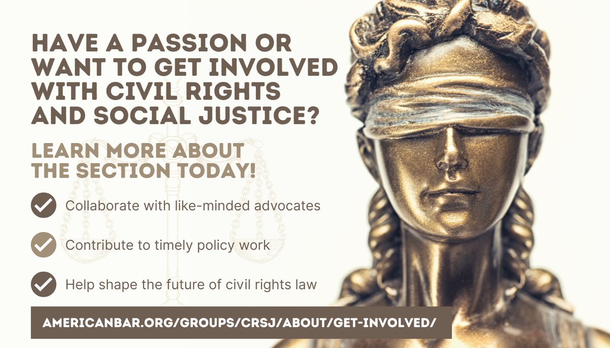 ABA_CRSJ's tweet photo. Join the ABA Section of Civil Rights and Social Justice! Work on immigration, reproductive justice, LGBTQ+ rights, and more.
🔗 Learn more: https://t.co/ntMz0egZ0p
#ABACRSJ #CivilRights #SocialJustice #LawyersForJustice #GetInvolved #LegalAdvocacy https://t.co/JcU9SnrVda