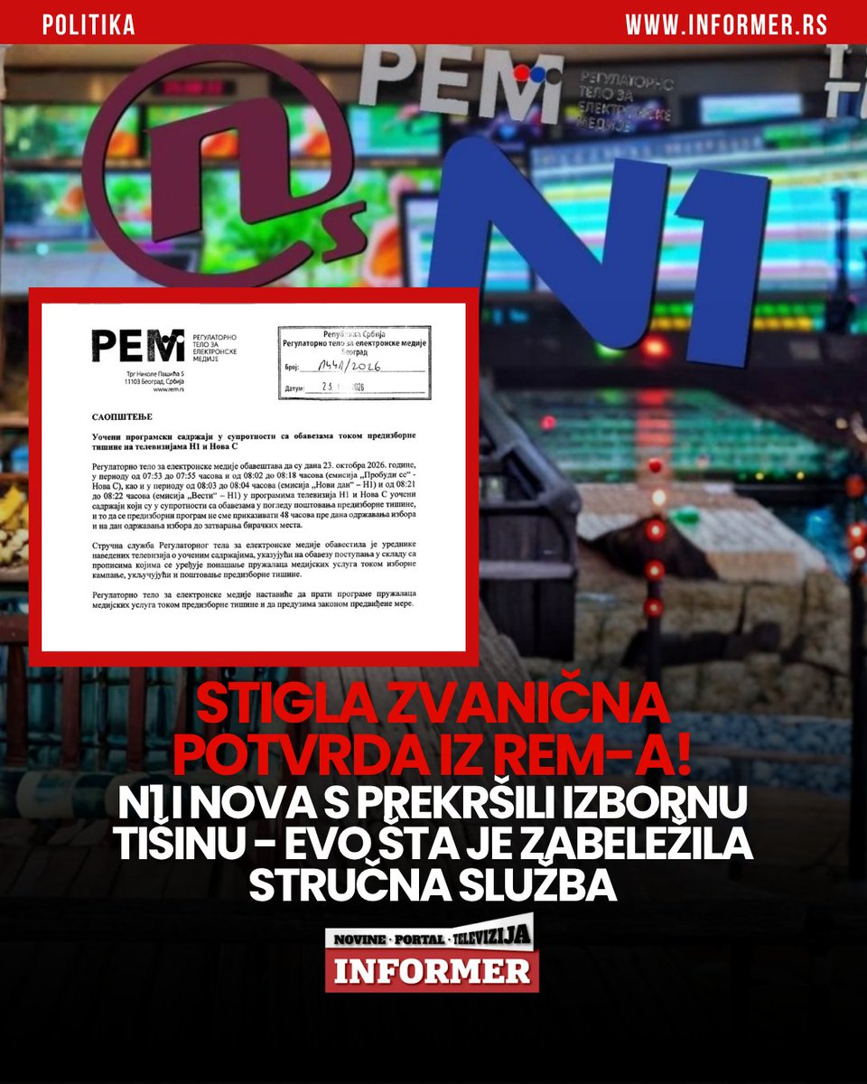 InformerNovine's tweet photo. Regulatorno telo za elektronske medije (REM) oglasilo se zvaničnim saopštenjem i potvrdilo da su na tajkunskim televizijama N1 i Nova S uočeni programski sadržaji koji direktno krše zakonske obaveze tokom predizborne tišine, o čemu je Informer pisao.
#informer https://t.co/OGN9X3GMLm