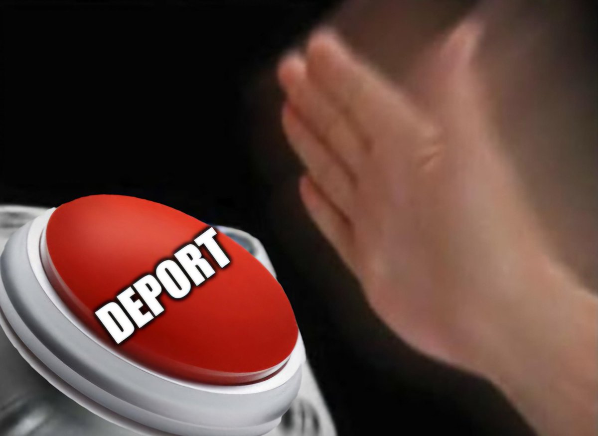 A close-up image shows a large red button in the foreground and a person covering their face with one hand in the background. The button has text on it.