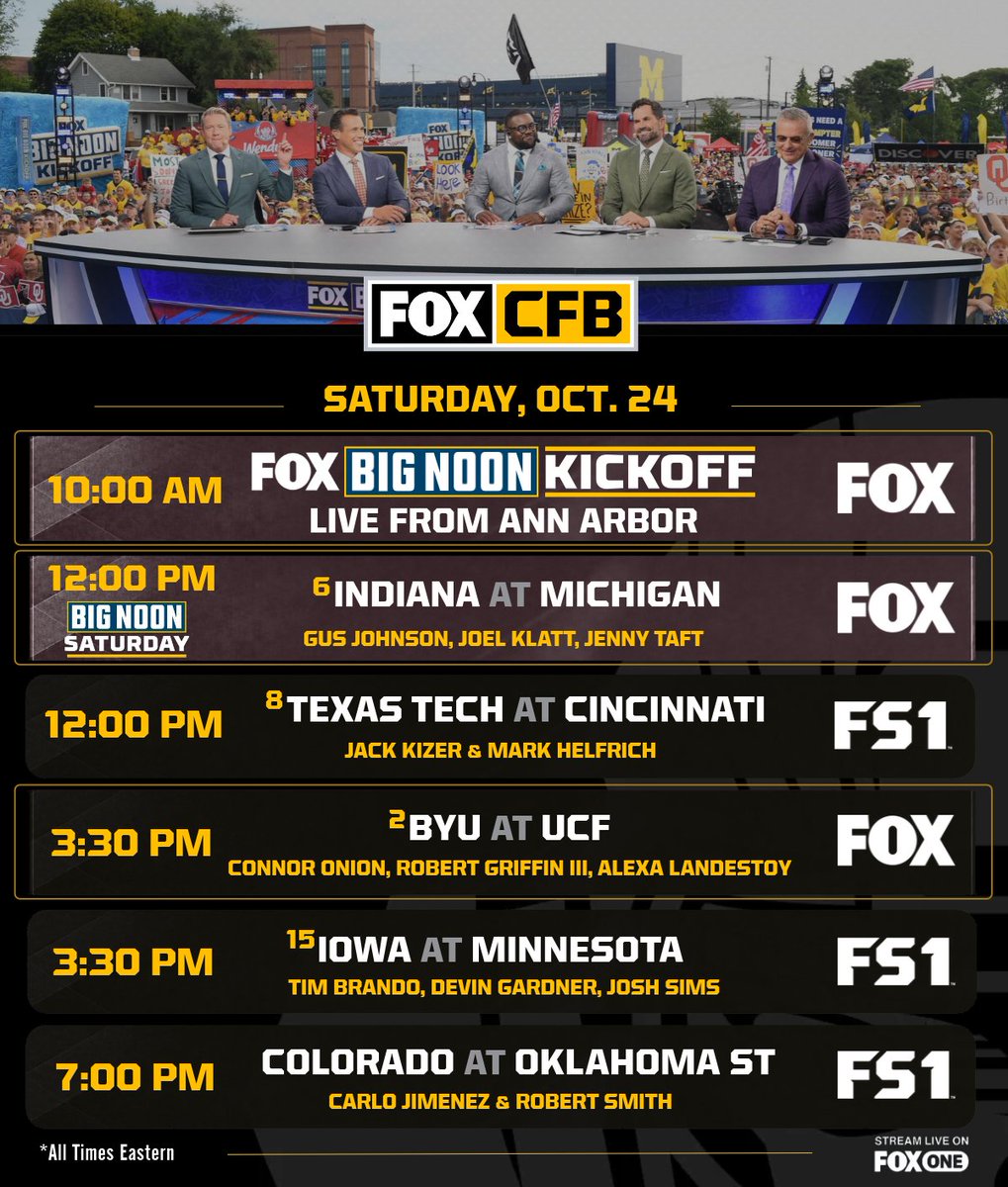 FOXSportsPR's tweet photo. .@CFBONFOX brings a loaded Week 8 slate with four top 15 teams in action, highlighted by No. 6 @IndianaFootball battling @UMichFootball on BIG NOON SATURDAY! 🏈

Tune into @BNKonFOX starting at 10 AM ET 📺 ⬇️ https://t.co/vboUw4PBmD