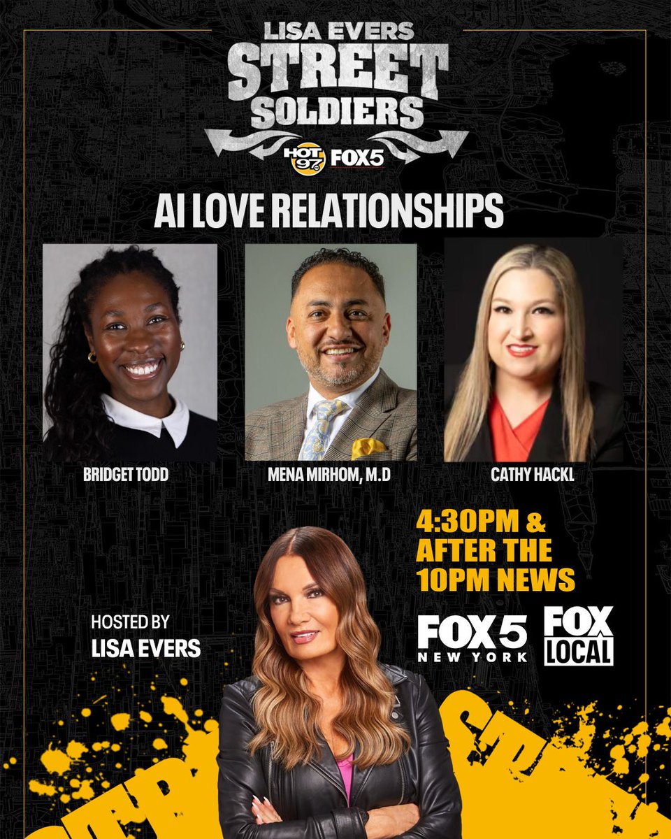 LisaEvers's tweet photo. "AI LOVE RELATIONSHIPS" coming up on #streetsoldiersTV #fox5ny at 4:30p EDT They're happening more than you think!! Find out with special guests @drmirhom
@cathyhackl @bridgetmarieindc Ch5 NYC & live stream everywhere on free #foxlocal app @fox5ny https://t.co/G4gOp39hsy