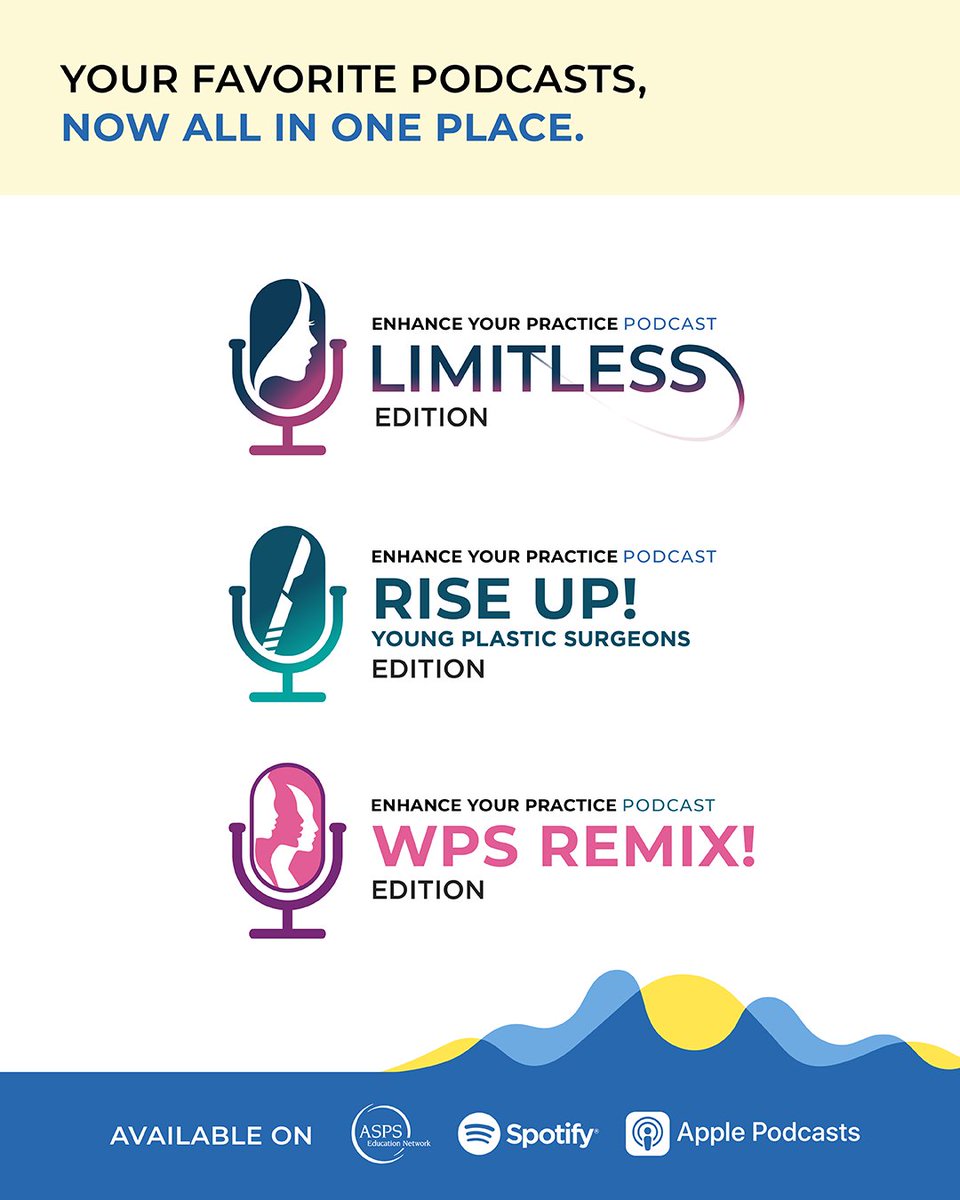 ASPS_Members's tweet photo. Your favorite podcasts, now all in one place.

The Enhance Your Practice Podcast series now includes the LIMITLESS Edition (formerly LIMITLESS Podcast), RISE UP! Young Plastic Surgeons Edition (formerly YPS Podcast) and WPS Remix! Edition (formerly WPS Podcast), along with the core Enhance Your Practice episodes. The podcast series is the perfect educational resource for plastic surgeons and office professionals seeking on-the-go education and community, spanning topics like practice management, early career, financial planning and more. 

Available for streaming on ASPS EdNet, Spotify and Apple Podcasts. #PlasticSurgery