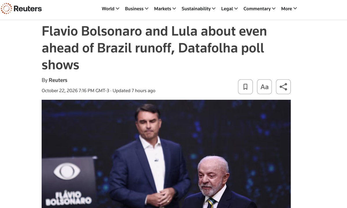 After the first round of Brazil's Presidential voting on Oct. 5, Bolsonaro appeared to be the clear frontrunner to defeat Lula in this Sunday's run-off after Bolsonaro's party crushed the left all over the country and Bolsonaro finished in first round ahead of Lula. Since then, the right got a bit complacent while the left got extremely energized to try to at least save the presidency. Polls have slowly but clearly tightened. Flavio is still probably the favorite but it's now more 60/40 or 55/45 than 80/20. Lula, now 80, has run for President 7 times. If he wins, it will be his 4th victory. His party machine is ruthless and dirty and knows how to win. Lula is a generationally talented, shrew
