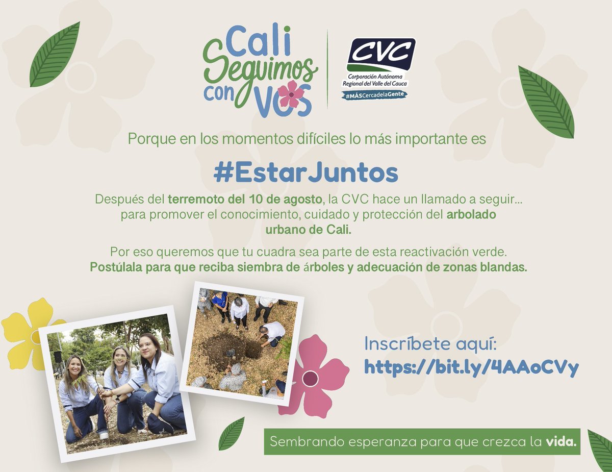 TwiterosCali's tweet photo. 🌱 Cali, seguimos con vos: #EstarJuntos

Después del terremoto del 10 de agosto, la CVC hace un llamado a seguir promoviendo el conocimiento, cuidado y protección del arbolado urbano de Cali.

🌳 Postula tu cuadra para recibir siembra de árboles y adecuación de zonas blandas.

👉 Inscríbete aquí: https://t.co/RHe1pMzdjV

Sembrando esperanza para que crezca la vida. 🌱

#CVC
#MásCercadeLaGente