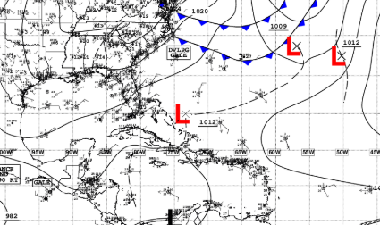 NHC_TAFB's tweet photo. A tightening pressure gradient between strong high pressure over the eastern seaboard and a developing low pressure near the Bahamas will bring  gale-force over much of the waters north of 27N and W of 60W Sat night through Sun night. Mariners are urged to remain alert. https://t.co/XKiuJ0Ougi