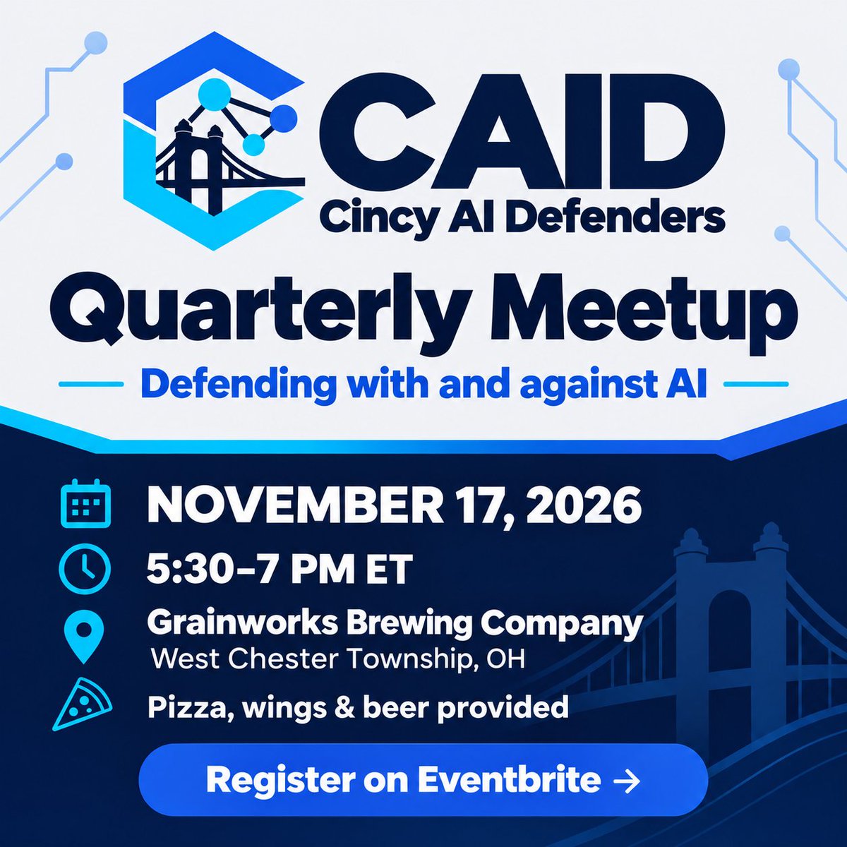 BitLyft's tweet photo. New in Cincinnati: Cincinnati Area AI Defenders, a meetup for anyone interested in AI security. First meeting is Tue, Nov 17, 5:30 pm at Grainworks Brewing, West Chester. 35 seats. Food on BitLyft Cybersecurity. Register: https://t.co/ZxXQ5XCJGP https://t.co/H6gk0CV0gW
