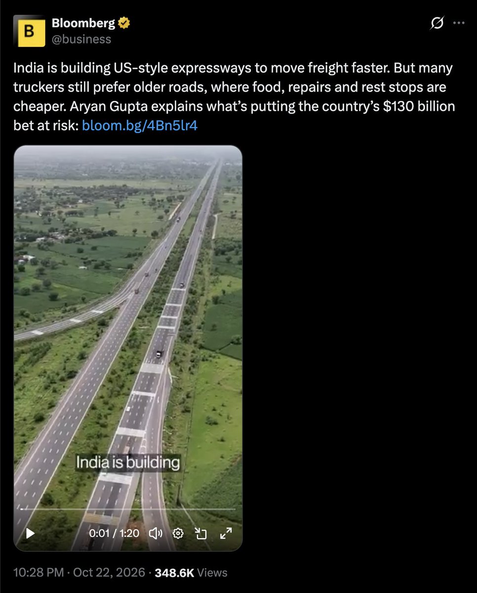 aravind's tweet photo. China influenced, Pakistani infiltrated, brown sepoys staffed Bloomberg is asking why India is building amazing expressways like the US. 

I see this news with concern. This news by this media for me means DS is going to influence & instigate Truckers into protests blocking freeways to hit India's logistics, economy, and halt freeway construction. 

They are building public support for it at the earnest. Beware.