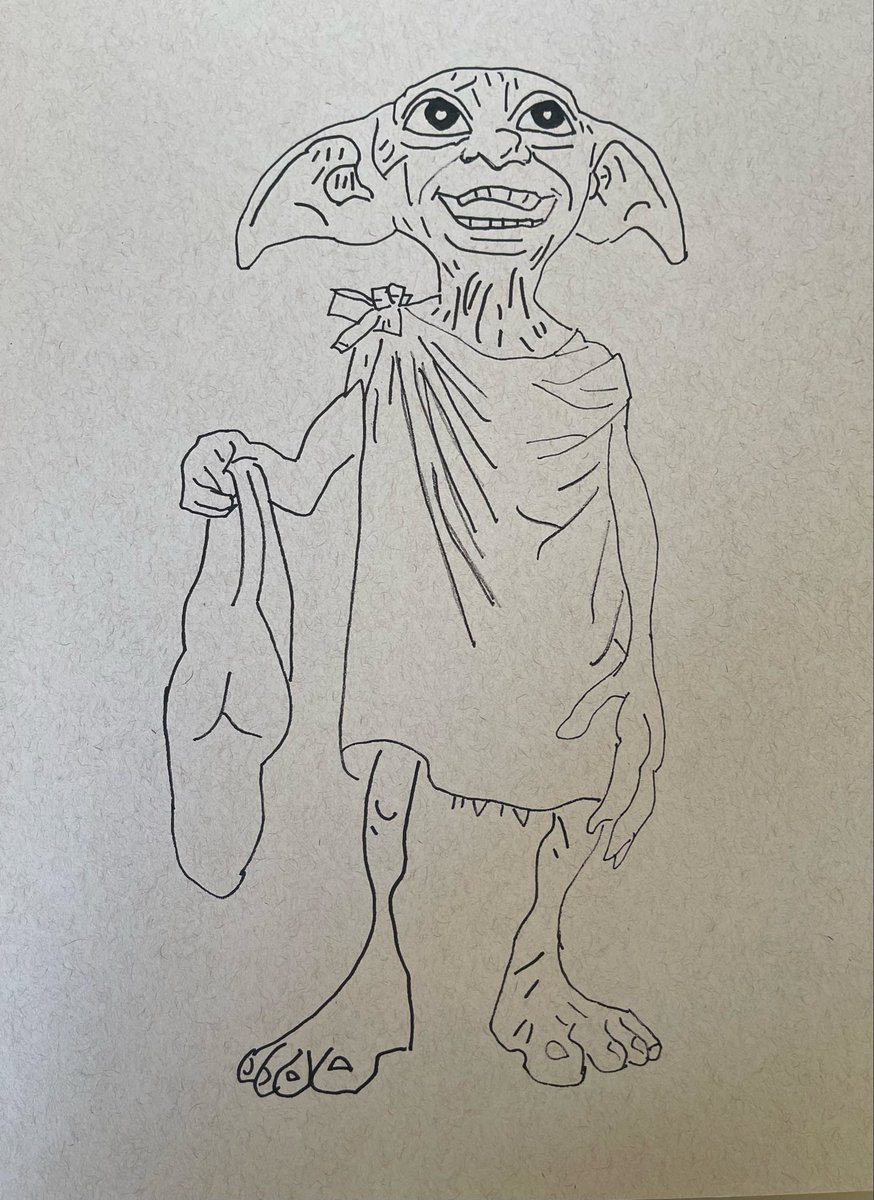 joleen_dietz's tweet photo. Dobby, the house elf from Harry Potter, holding the sock that set him free. Pen on Strathmore Toned Tan Paper.
#illustration #halloweenart #ArtistOnTwitter #fanart #HarryPotter https://t.co/aBGPxnVMHi