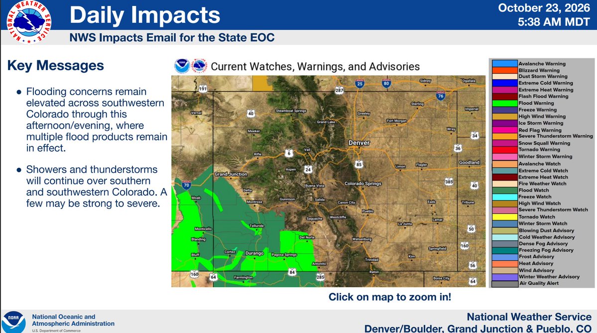 COEmergency's tweet photo. Colorado Daily Status Report:  October 23, 2026
https://t.co/JUwkS1soKG

State Emergency Operations Center (SEOC)

▪️Response: Level 1: SEOC transitioned to Level 1 with multiple state agencies supporting flooding impacts in southwest corner of the state.

Thursday, October 23, 2026 at 8:36 pm, Governor Polis verbally declared a disaster emergency in response to flooding in La Plata, Archuleta, Montezuma, Dolores, Hinsdale, San Miguel, Ouray, San Juan, Mineral, Alamosa, and Rio Grande counties.

▪️Recovery Level 1:  Activated to support recovery efforts from wildfires and flash flooding.

▪️State Level Lifelines: All lifelines are stable

Key Weather Impacts from NWS 

🔹Flood Warning in effect for southwest Colorado today through Friday morning.
🔹Flooding concerns remain elevated across southwestern Colorado through this afternoon/evening, where multiple flood products remain in effect.
🔹Showers and thunderstorms will continue over southern and southwestern Colorado. A few may be strong to severe.