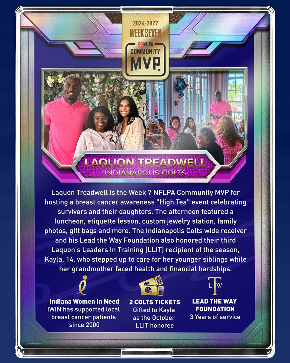 NFLPA's tweet photo. Week 7 NFLPA #CommunityMVP 🤝 @SuccessfulQuon

The @Colts wide receiver partnered with the IWIN Foundation to host a Breast Cancer Awareness Month “High Tea”, celebrating breast cancer survivors and their daughters with a luncheon, jewelry-making activities, gift bags and more. Through his Lead the Way Foundation, he also recognized 14-year-old Kayla as this season's third Laquon’s Leaders in Training (LLIT) honoree and awarded her two tickets to a Colts game. Learn more here: https://t.co/LNNS4v0Qxm

In honor of being named this week's #CommunityMVP, the NFLPA is donating $10,000 to Laquon’s Lead the Way Foundation. You can also support this charitable cause through our supporting partner @gofundme by using the link below.

🎨 : @heartlentgroup
🔗 : https://t.co/sJ2bRd5xaz