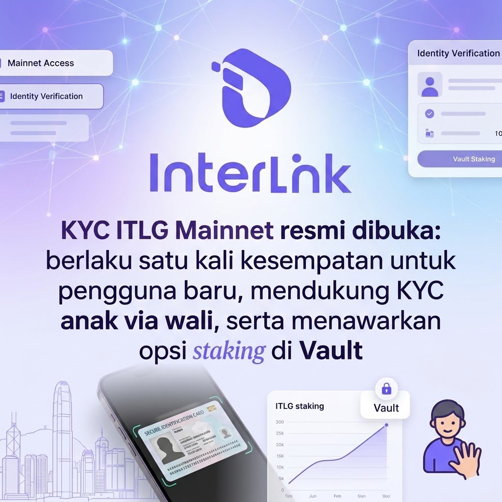 yuftira2805's tweet photo. > > KYC ITLG Mainnet resmi dibuka: berlaku satu kali kesempatan untuk pengguna baru, mendukung KYC anak via wali, serta menawarkan opsi *staking* di Vault https://t.co/weJ2tzWAtM