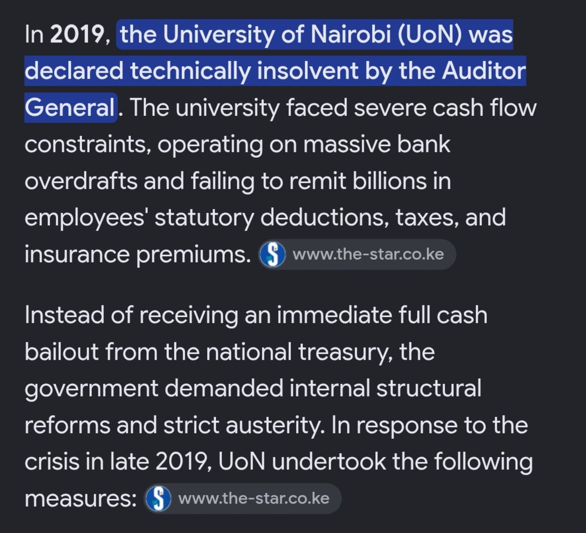 austin_tunoi's tweet photo. Don't lie. UoN was first declared bankrupt in 2019 but was bailed out by government.

Egerton and Multimedia also went to bankruptcy in 2021.

Infact total university debt in 2022 was ksh 62B. https://t.co/NF9gMSvky1