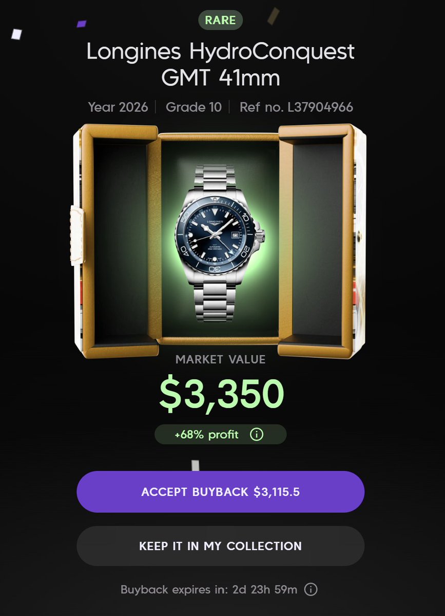 watch_tsar's tweet photo. DAY 2

opening every pack on @watchdotfun, day 2.

$2,000 on Mystery Patek

out came Longines HydroConquest GMT 41mm. worth $3,350 https://t.co/jMxK29sjda