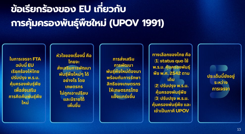 markpeak's tweet photo. == 5. คนไทยเสียประโยชน์อะไรบ้างจาก FTA ==

อย่างที่เขียนไปตอนต้นครับว่า มันไม่มีใครได้ประโยชน์ 100% อยู่ข้างเดียวจาก FTA แปลว่าจะมีบางธุรกิจของไทยที่โดน EU เข้ามาแข่ง และอาจสู้ไม่ได้เลย ตัวอย่างหนึ่งที่สำนักงานเศรษฐกิจการเกษตร ยกมาคือ "นมผง" ซึ่งเป็นสิ่งที่ EU ทำได้ดีกว่าเกษตรกรไทย

ส่วนประเด็นที่ร้อนแรงที่สุดย่อมหนีไม่พ้นเรื่อง UPOV 1991 หรือการคุ้มครองพืชพันธุ์ใหม่ การจดทะเบียนเมล็ดพันธุ์พืช (ไม่เกี่ยวกับเคสกะเพราโดยตรง แต่ก็มีความเชื่อมโยงกัน)

สาระสำคัญของการเจรจา FTA คือ EU ต้องการให้ไทยปรับปรุง "พ.ร.บ. คุ้มครองพันธุ์พืช 2542" ที่ยังไม่สอดคล้องกับอนุสัญญา UPOV 1991 ที่มีประเทศจำนวนมากเข้าร่วม (แต่ EU ไม่ได้เรียกร้องให้ไทยเข้าเป็นสมาชิก UPOV) 

แนวทางของ EU คืออยากให้เราปรับ พ.ร.บ. ให้เป็นไปตาม UPOV 1991 แต่ไทยเองก็ยังมีทางเลือกว่าจะปรับปรุง พ.ร.บ. ไปในแนวทางไหน ตรงนี้กรมวิชาการเกษตรให้ข้อมูลเรื่อง timeline ว่าจะทำร่างให้เสร็จภายในปี 2570 ก่อนส่งเข้ากระบวนการของคณะรัฐมนตรีและสภาต่อไป (แปลว่าใช้เวลาอีกหลายปี) แต่ก็ยังไม่ยอมเปิดเผยร่างให้เห็นว่าจะแก้อย่างไร

รายละเอียดของเรื่องนี้ (ซึ่งเอาจริงๆ ก็ยังไม่ค่อยมีรายละเอียดจากหน่วยงานรัฐ) แนะนำให้อ่านโพสต์ของ ส.ส. เล่าฟั้ง Laofang Bundidterdsakul ที่ตามประเด็นเรื่องนี้มานาน https://t.co/nkBE6YGfjZ