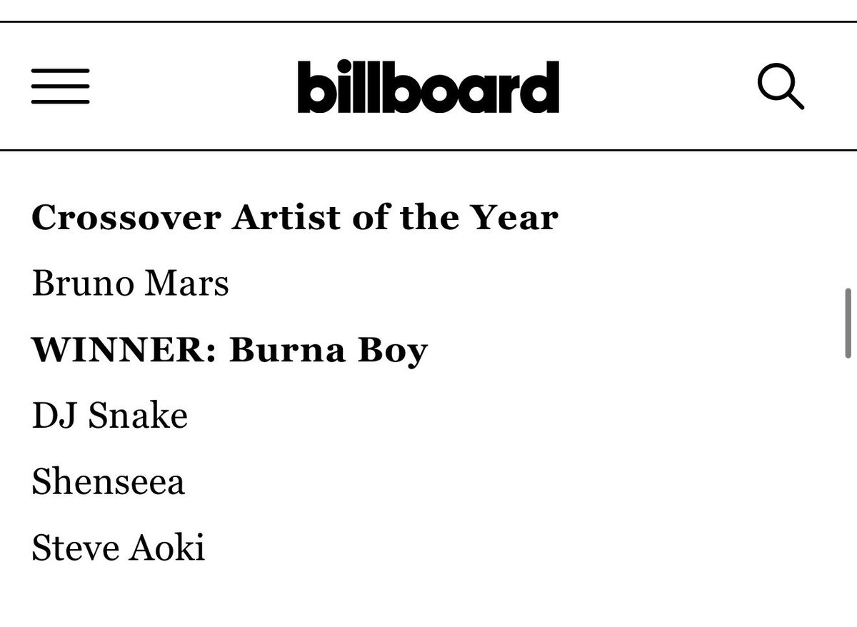Toluwase_x's tweet photo. BURNA BOY WINS CROSSOVER ARTIST OF THE YEAR AT THE BILLBOARD LATIN MUSIC AWARDS 2026 🏆 https://t.co/xLIaNonK3d