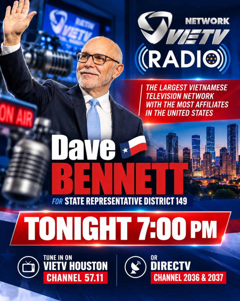BennettForTexas's tweet photo. 🎙️ Tonight at 7:00 PM — VIETV RADIO Network!

I'm looking forward to joining VIETV for a conversation about Texas House District 149, the issues facing our communities, and my experiences connecting with residents and business owners across Alief and West Houston.

Thank you to @VIETVnetwork for the invitation and the opportunity to share this conversation with the community!

📺 Watch tonight at 7:00 PM
VIETV Houston — Channel 57.11
DIRECTV — Channels 2036 & 2037