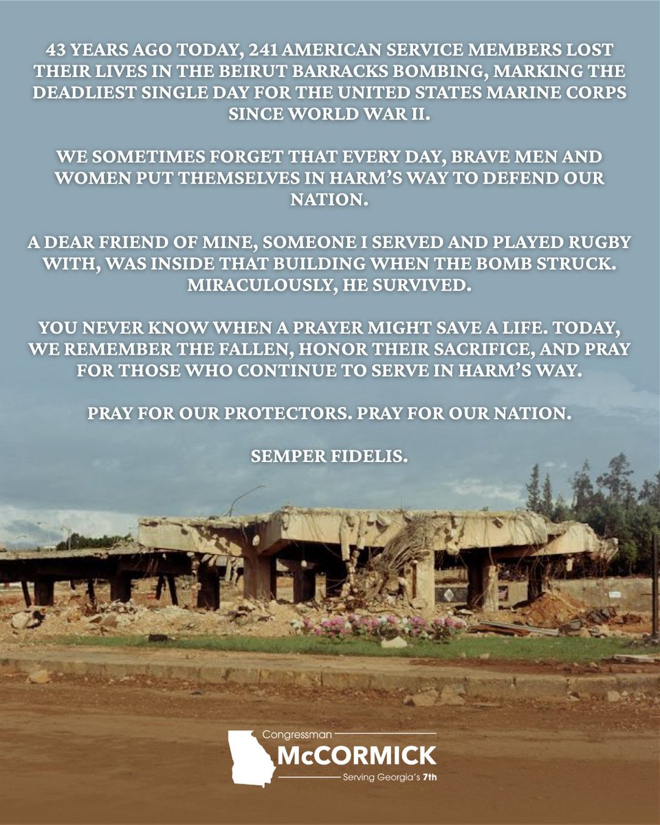RepMcCormick's tweet photo. Some moments in our nation's history leave wounds that time cannot erase.

May we always carry the weight of what happened in Beirut, and the responsibility that comes with remembering it. https://t.co/Gp4ZzezGVO