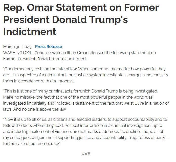 libsoftiktok's tweet photo. “Our democracy rests on the rule of law. When someone—no matter how powerful they are—is suspected of a criminal act, our justice system investigates, charges, and convicts them in accordance with due process." - Ilhan Omar https://t.co/s4YcwzVdKV