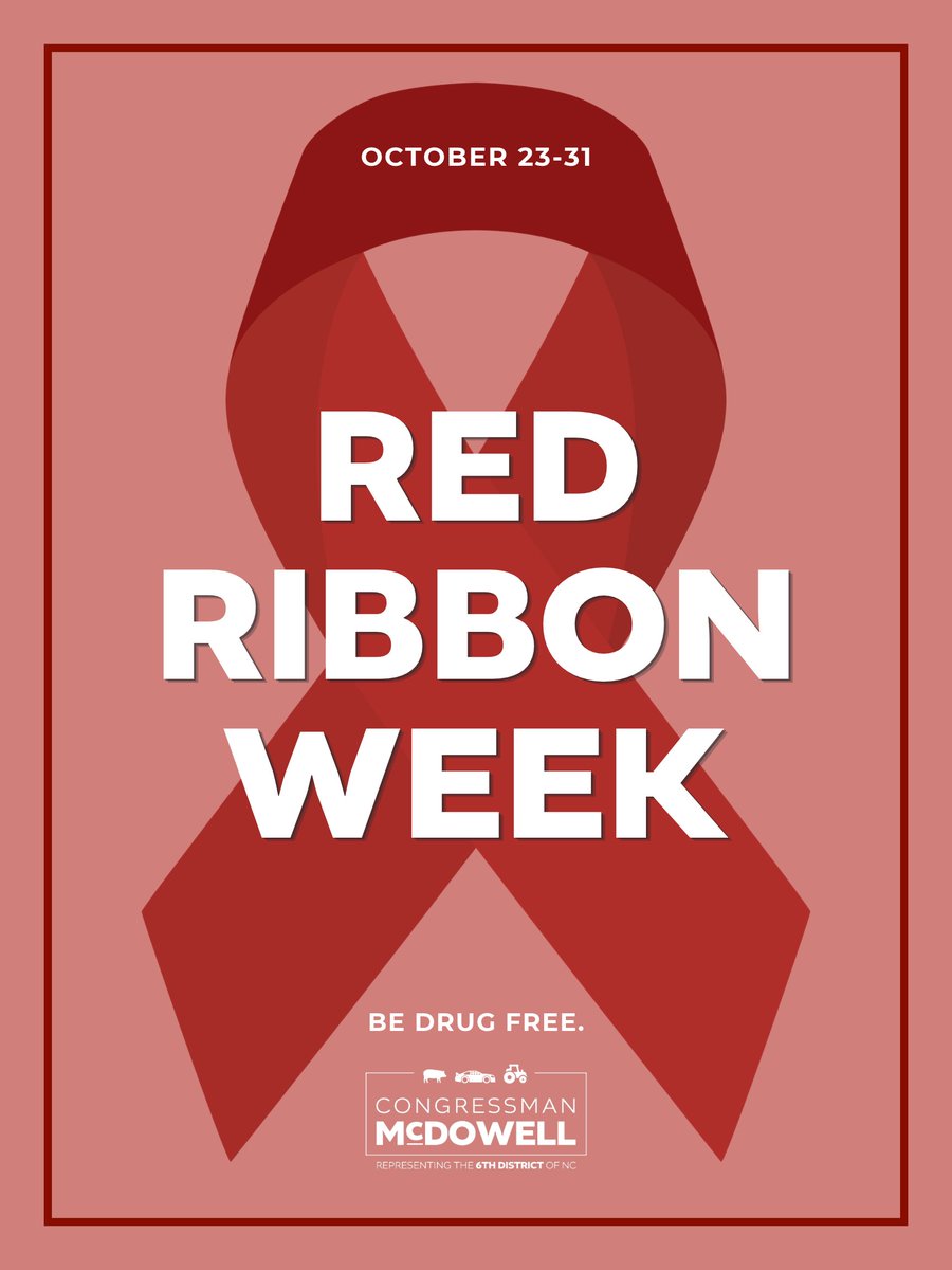 A red and pink awareness poster with a large red ribbon in the background, framed by a thin dark border. It promotes Red Ribbon Week and includes a drug-free message and a congressional office logo.