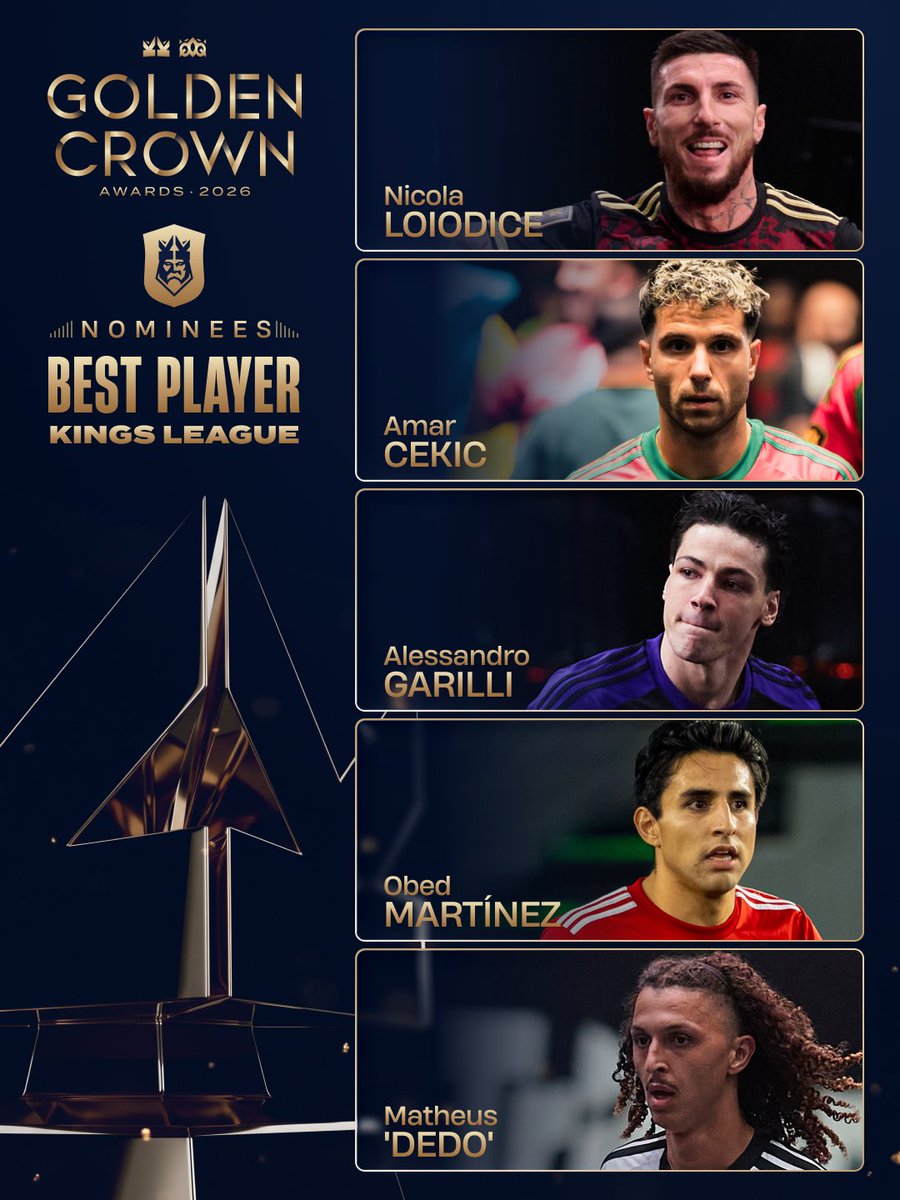 _KingsWorld's tweet photo. The best of the best. 👑🏆

Meet the nominees for Best Kings League Player at the Golden Crown Awards 2026. https://t.co/n5yBJELb0c