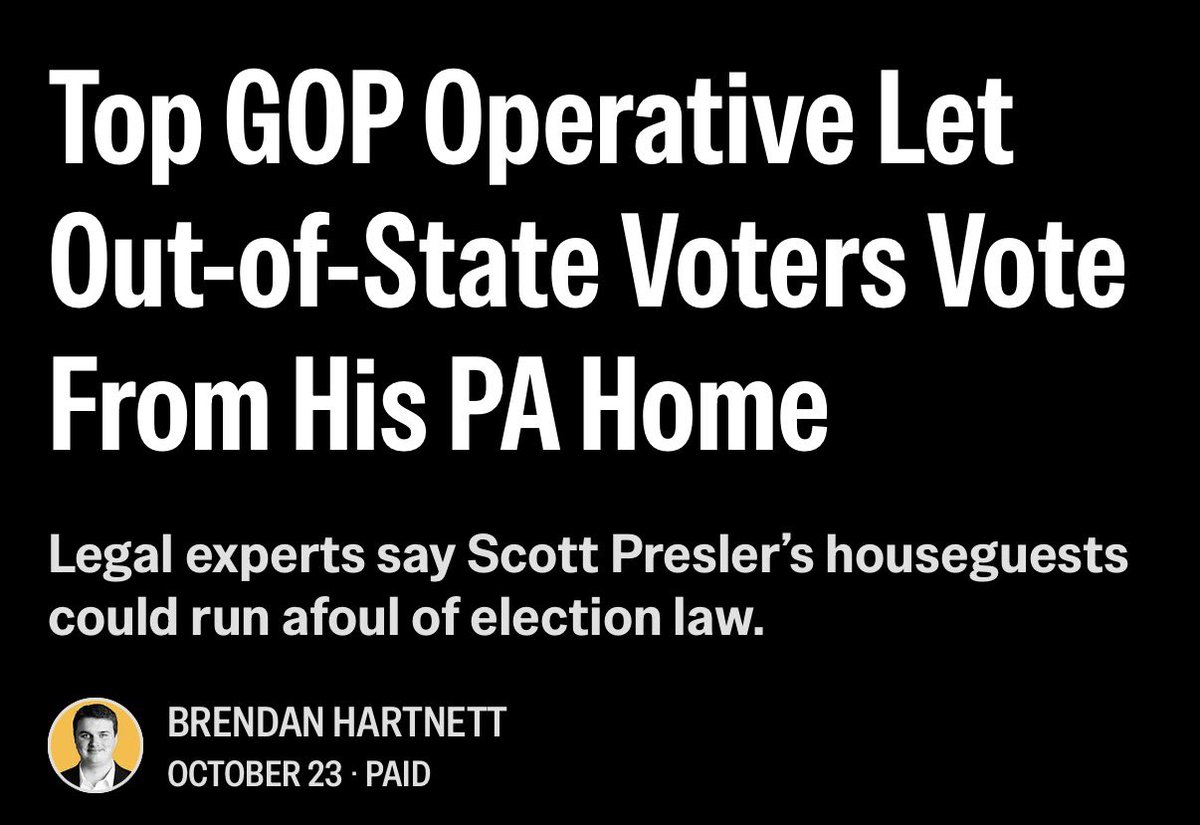 jjabbott's tweet photo. Another day, another scandal for @PAGOP’s top operative: Scott Presler bought a house in Pennsylvania so he could vote. Now, many out-of-state GOP operatives have registered there, potentially breaking PA election law. 

Must-read via @BrendanHartnett https://t.co/hz5AEvDYVh https://t.co/bIOMgpOcyw