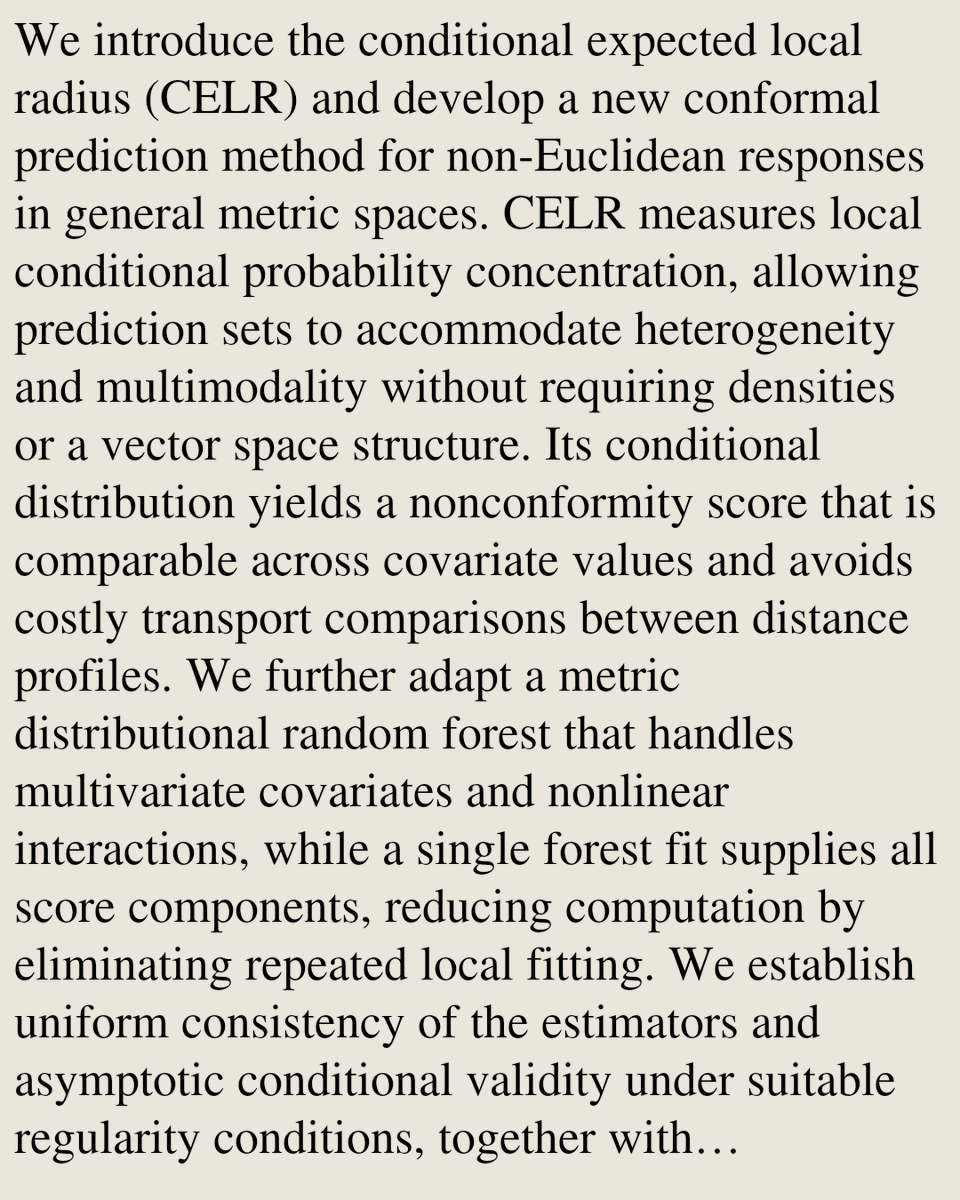 StatsPapers's tweet photo. Metric Conformal Prediction via the Conditional Expected Local Radius

Rui Qiu, Fang Yao, Zhou Yu
https://t.co/lNYuPektwj [𝚜𝚝𝚊𝚝.𝙼𝙻 𝚌𝚜.𝙻𝙶] https://t.co/iKKIw7wnJn