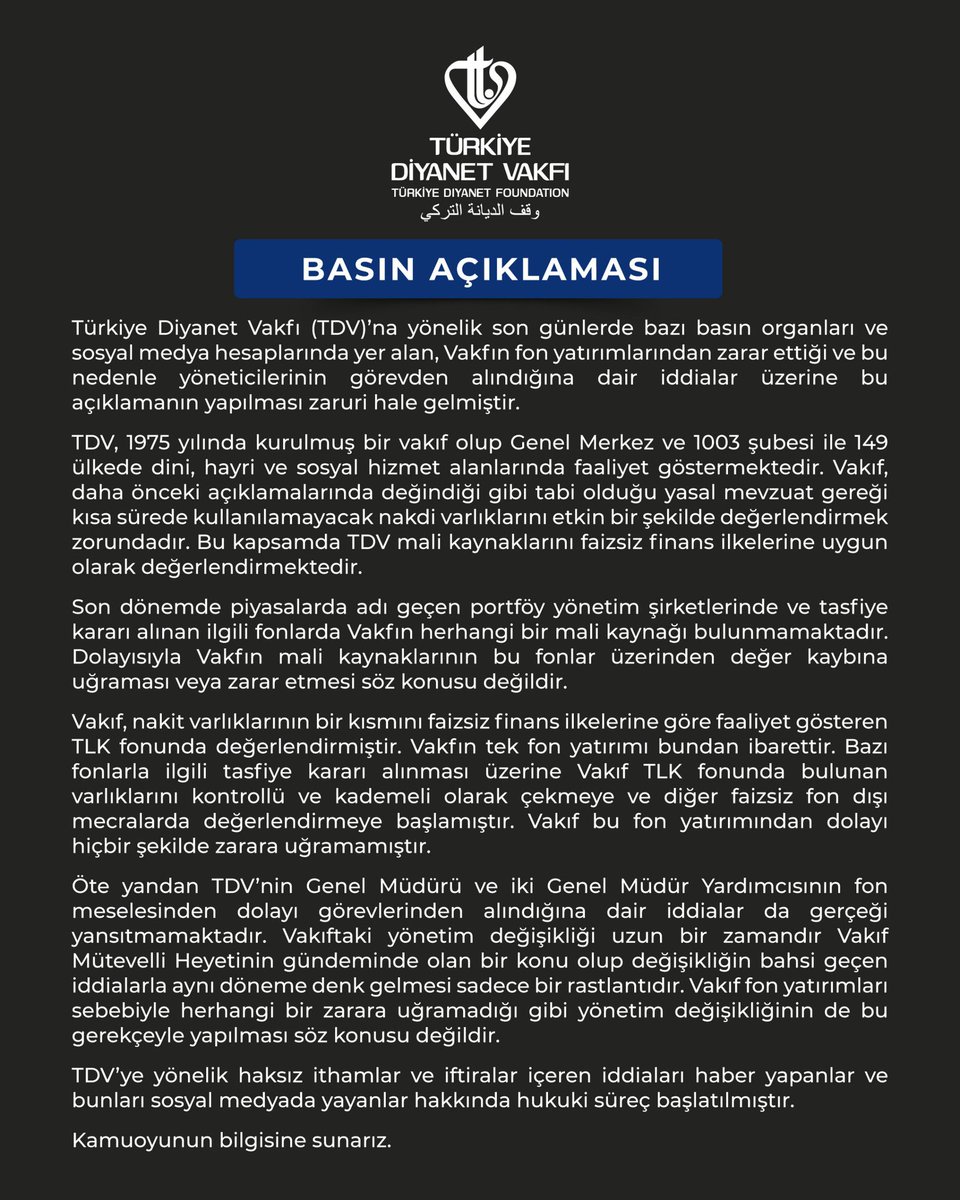 dailyislamist's tweet photo. 🔴 Diyanet Vakfı’ndan resmi açıklama:

“Bahsi geçen görev değişikliğinin fon iddialarıyla aynı döneme denk gelmesi sadece bir rastlantıdır” https://t.co/zB5lZjWbls