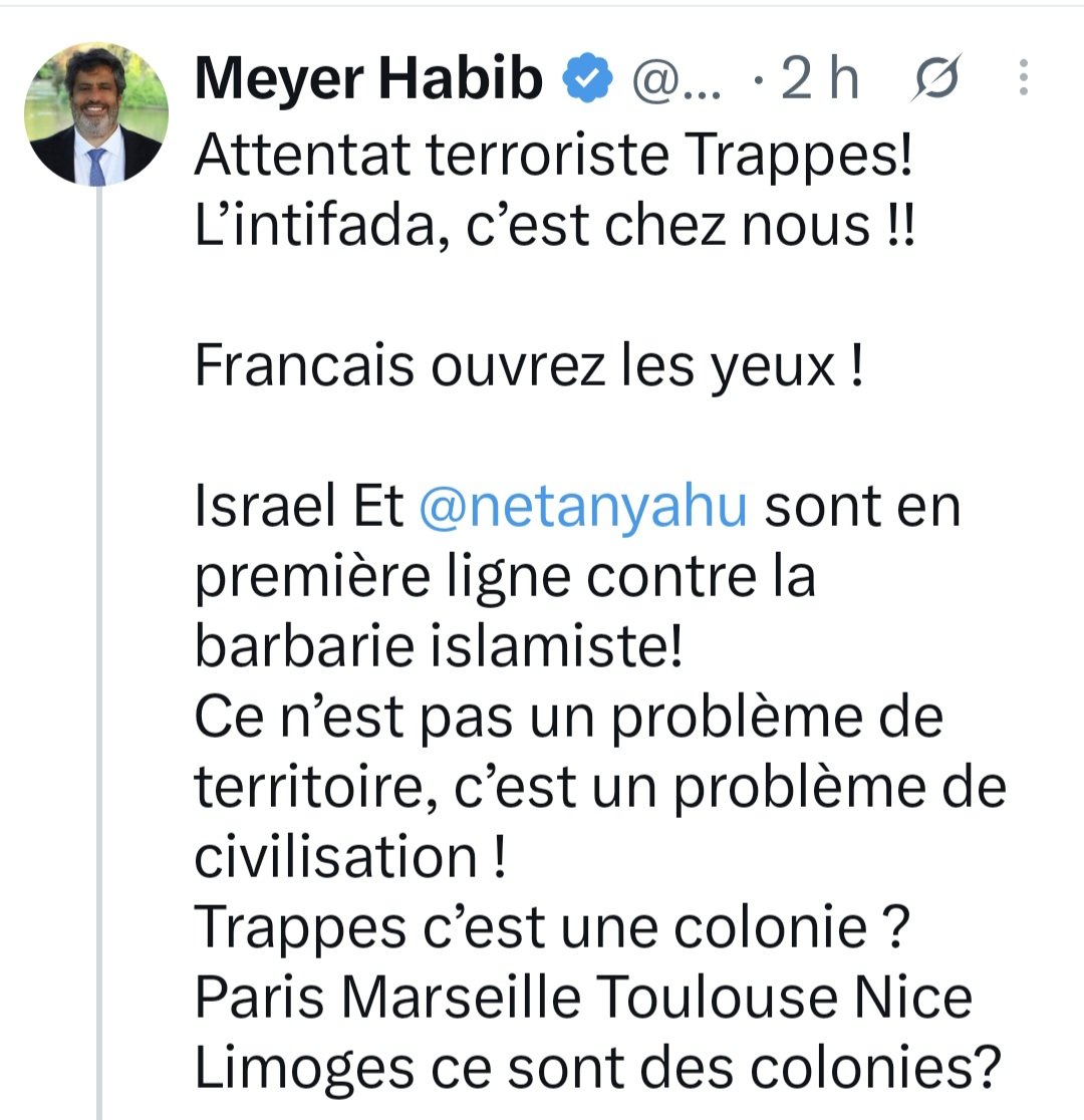 BarraoDanielle's tweet photo. Un homme est mort. Une enfant est criblée de balles et lutte pour sa vie. Cinq autres victimes sont en urgence absolue.

Et vous, vous récupérez ce drame pour attiser la haine et opposer les civilisations !

Si les victimes ont été ciblées pour leur couleur de peau aujourd'huià TRAPPES , c’est un crime raciste qui doit être dénoncé sans la moindre ambiguïté.

Mais instrumentaliser la mort, la souffrance et la peur avant même que toute la vérité judiciaire soit établie, c’est franchir une ligne inacceptable.

UN HOMME EST MORT. UNE ENFANT LUTTE POUR SA VIE. CE N’EST PAS UN TRIBUNAL POLITIQUE, NI UNE TRIBUNE DE PROPAGANDE. C’EST UN DRAME HUMAIN. UN PEU DE DIGNITÉ !
🇫🇷🔴VOUS ÊTES LA HONTE DE NOTRE FRANCE  MEYER HABIB !