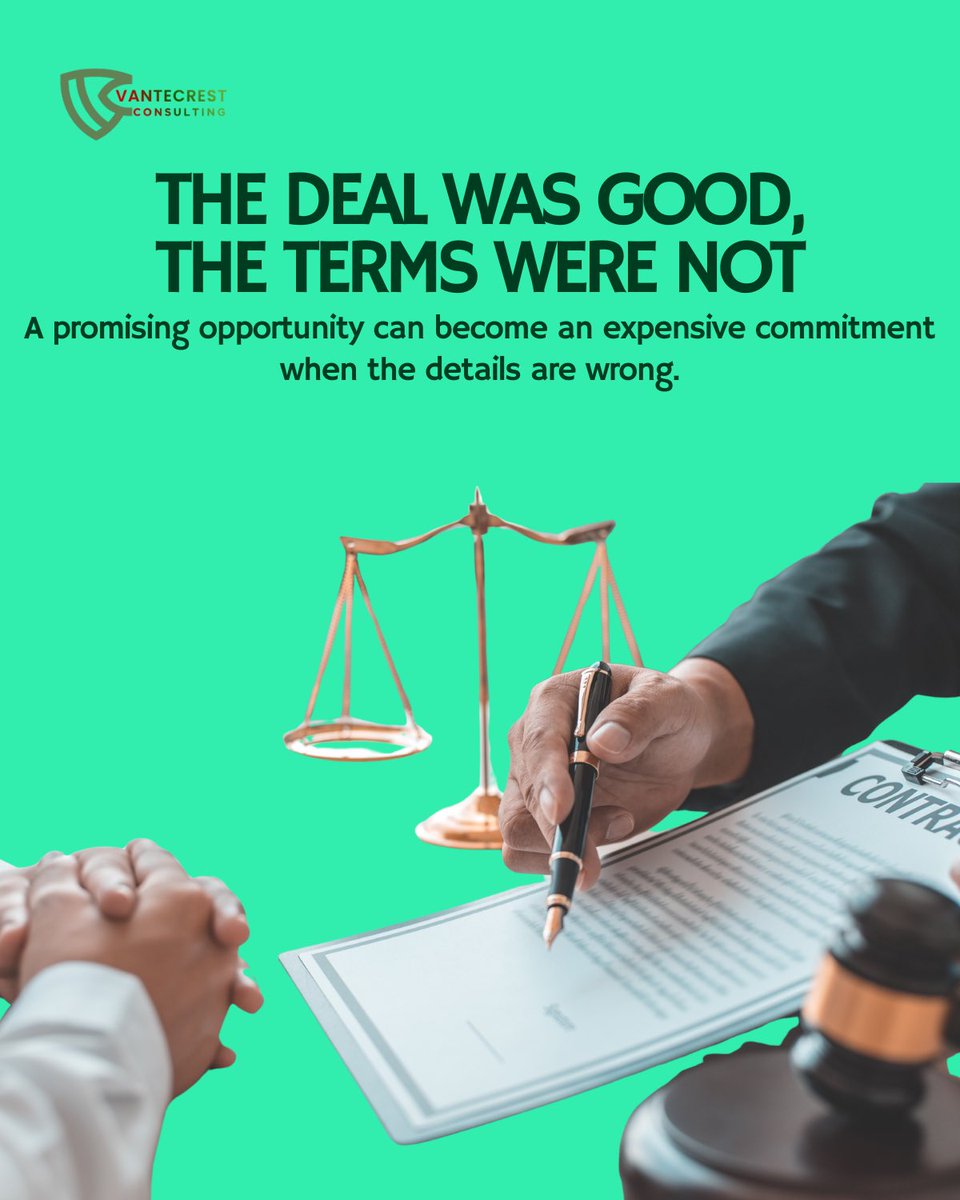 VanteCrest_'s tweet photo. A good deal can still be a bad decision if the terms don’t work in your favour.

Before you sign, look beyond the headline offer. Understand the obligations, risks, and what you’re giving up.

At Vantecrest, we help businesses assess opportunities before they commit. https://t.co/vfCFPlAMd5
