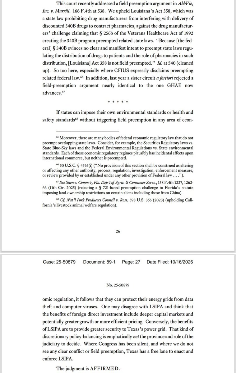 Nancy4Thinking's tweet photo. A win for Van Zandt County & a win for EVERY county in Texas!

The 5th Circuit Court of Appeals just handed Texas a major victory. They ruled that Texas can protect our power grid from companies controlled by China and other foreign adversaries. Federal review does NOT override Texas law.

In plain English: A Chinese-owned company tried to force ERCOT to hook their solar project up to the Texas grid. Texas said no under the Lone Star Infrastructure Protection Act (LSIPA), which blocks foreign adversaries from getting access to critical infrastructure. The company claimed federal rules stopped Texas from doing this. The court disagreed and sided with Texas.

Why this matters for every county:
Your county has the same tools Van Zandt used. You can pause or stop solar, wind, and battery projects while you check for Chinese-made batteries (like CATL), cybersecurity risks, fire safety issues, and compliance with state law. You don’t have to just hope the state or federal government will handle it. Local action is allowed and now has stronger legal backing.

This is exactly why Van Zandt County’s temporary green energy moratorium is valid. It gives the county time to review projects while Attorney General Ken Paxton investigates CATL and other Chinese components in Texas battery storage. Other counties can do the same if they have concerns about foreign tech on their land or near their communities.

Texas is allowed to put its own people and power grid first. This ruling makes that clearer than ever.

Share this with your county commissioners. The law is on our side.

Read the Case here:
https://t.co/p0pDnVsnaL

Van Zandt Green Energy Moratorium:
Source: Van Zandt County https://t.co/CeldB2Kl04