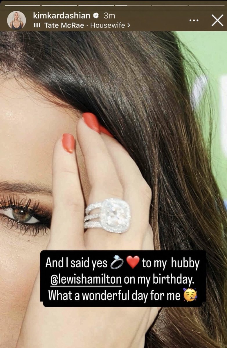 hlggprst's tweet photo. 🚨💍 Kim Kardashian confirms via her Instagram Story that she just got engaged to boyfriend Lewis Hamilton on her birthday!

“And I said yes to my hubby on my birthday.” ❤️ https://t.co/jVht6ESDwp