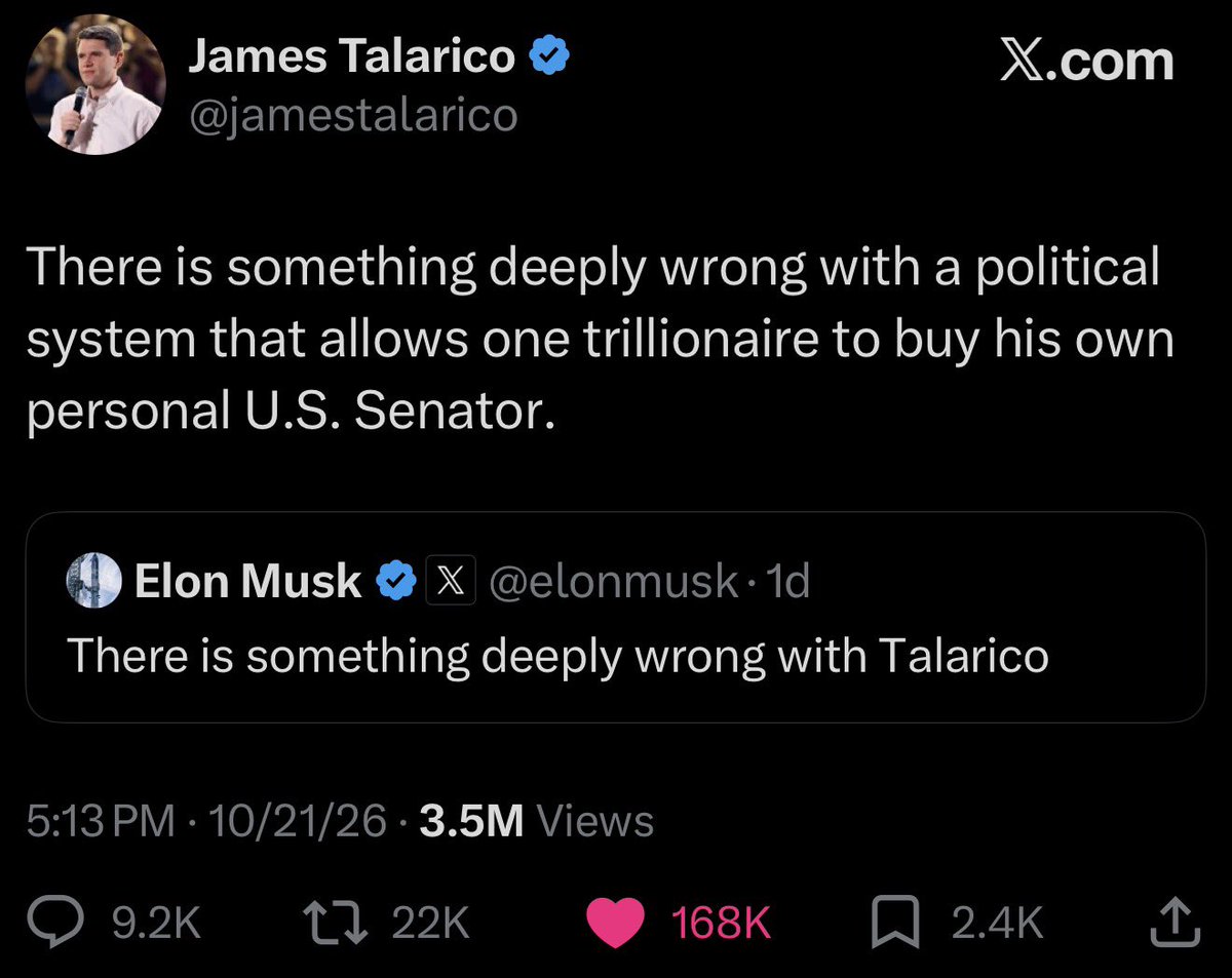 BMeiselas's tweet photo. James Talarico: One trillionaire should not be able to buy our elections and have direct control over a U.S. Senator

Elon Musk: GOD HAS A PENIS!!!! https://t.co/JBuciQhEkZ