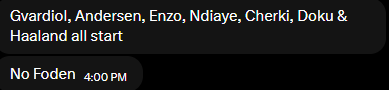 FPL__Fran's tweet photo. Just received this on the City lineup. The usual massive caveats apply because we're an entire day out and the last time this happened we saw lineups 'changed'. https://t.co/zeoOCrerCM