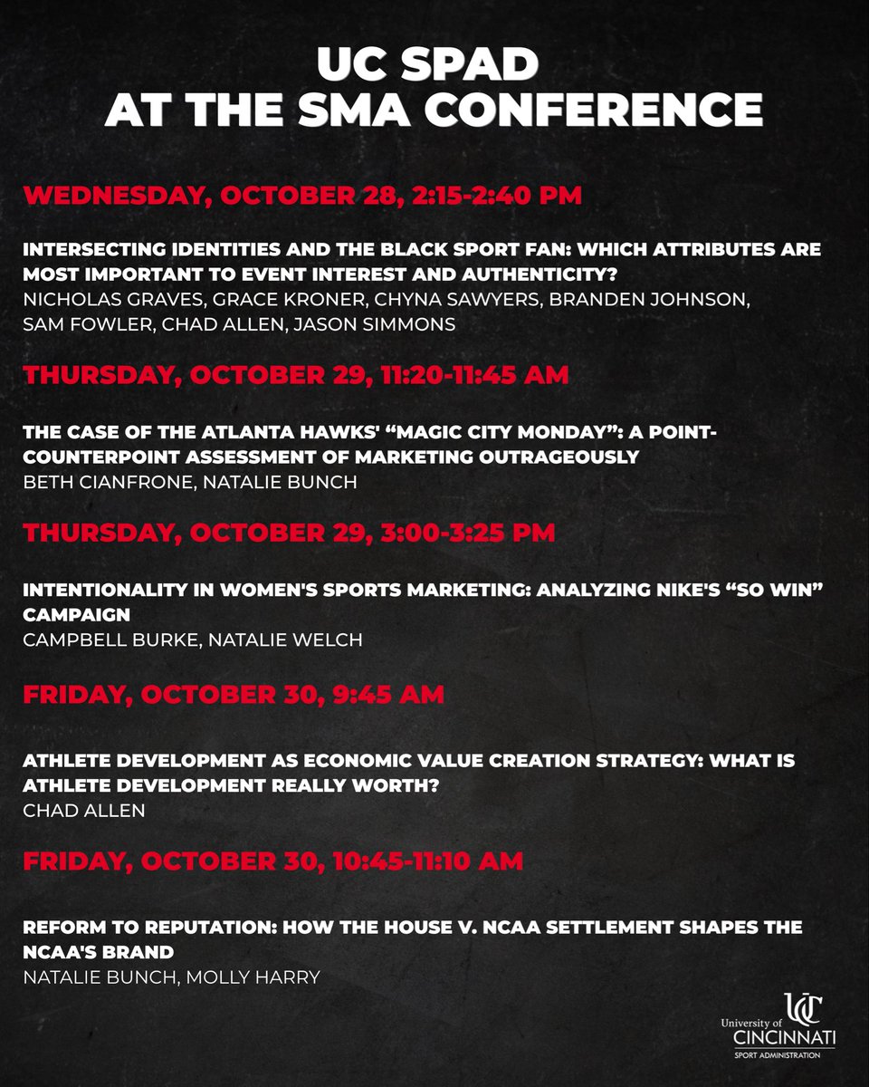 UC_SPAD's tweet photo. UC SPAD Bearcats are making their way to Charm City next week!

Our faculty and Ph.D. students will be in Baltimore presenting their latest research at the Sport Marketing Association Conference. Stop by their sessions and check out the work coming out of UC! 🐾 https://t.co/FHCwCTPWkR