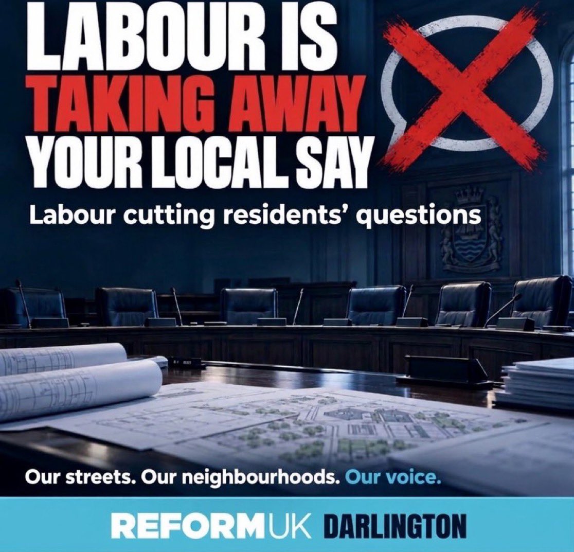 ReformDaily_'s tweet photo. 🚨 LABOUR & LIB DEMS ACCUSED OF SILENCING SCRUTINY!🚨

Cllr Michael Walker says the parties voted to remove his right to ask questions at the start of Full Council & cap public questions at just 30 minutes

“They want your votes & council tax, but don’t want to answer your questions!”

#LocalGovernment #Democracy #ReformUK [@ReformDarlo]