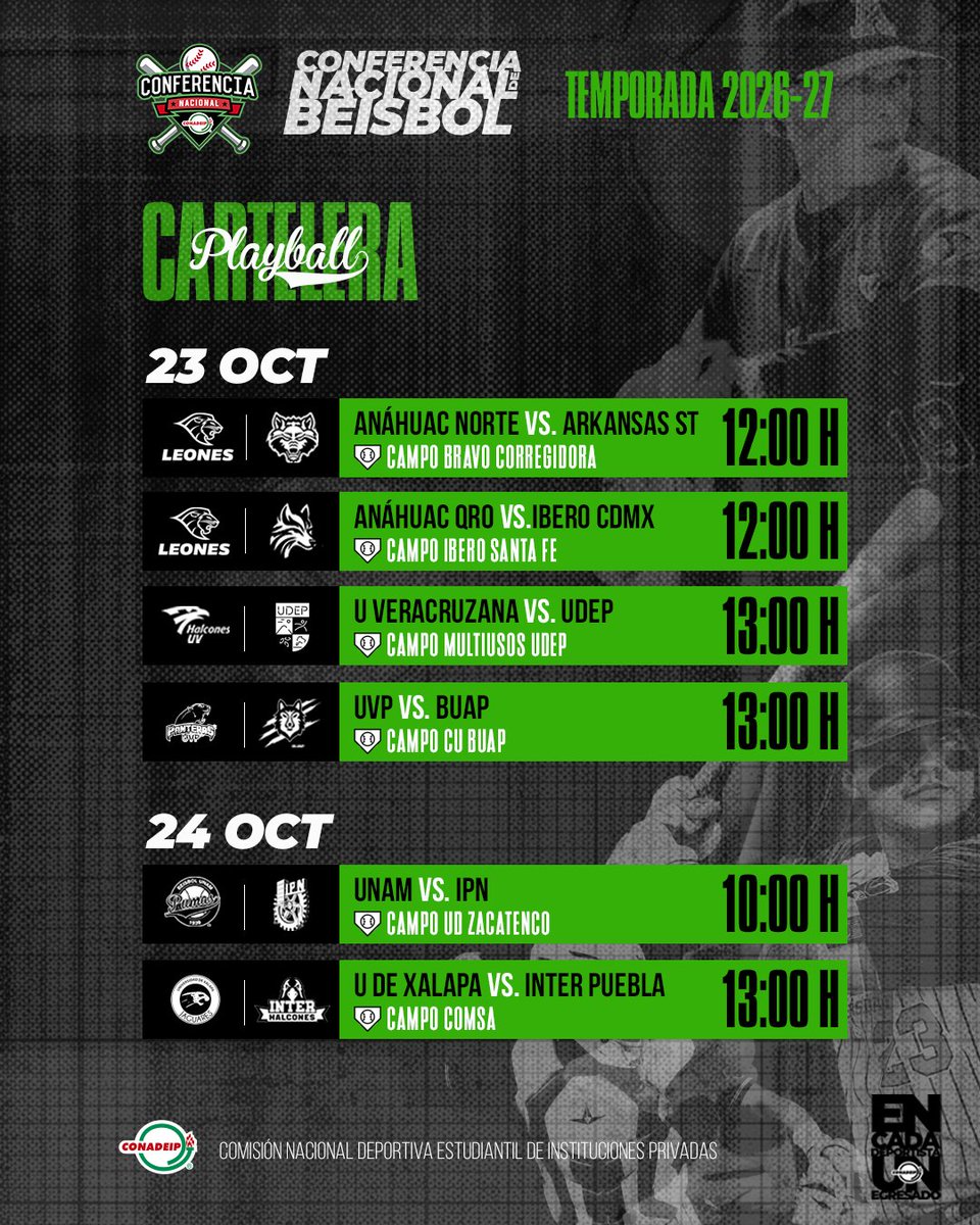 CONADEIPmx's tweet photo. ⚾️ PLAYBALL‼️  Cartelera para este fin de semana.  

Conferencia Nacional de Béisbol Temporada 2026-27.   

#BéisbolCONADEIP https://t.co/dgf560t5O6