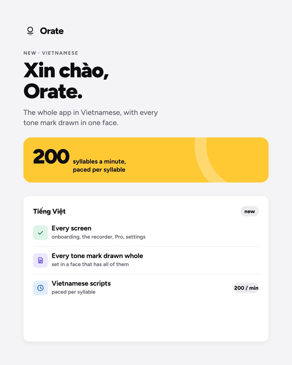 Orateapp's tweet photo. 1/4

Orate now speaks 18 languages.

New: Русский, Tiếng Việt and Français. Every screen, the sample scripts and both store listings, on iPhone and Android. #buildinpublic https://t.co/9GC7F25Lxs