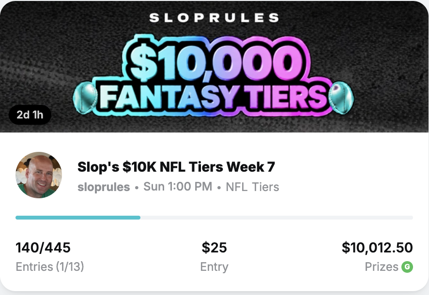 sloprules's tweet photo. Before you log off for the weekend, hop in my Fantasy Tiers contest @splashsports. I'm telling you, once you try it, you'll do it every week. Top prize is $1500 and the top 50 get paid. Lock in.

https://t.co/kMTuqkkaRb https://t.co/CZSnhnd1Xx