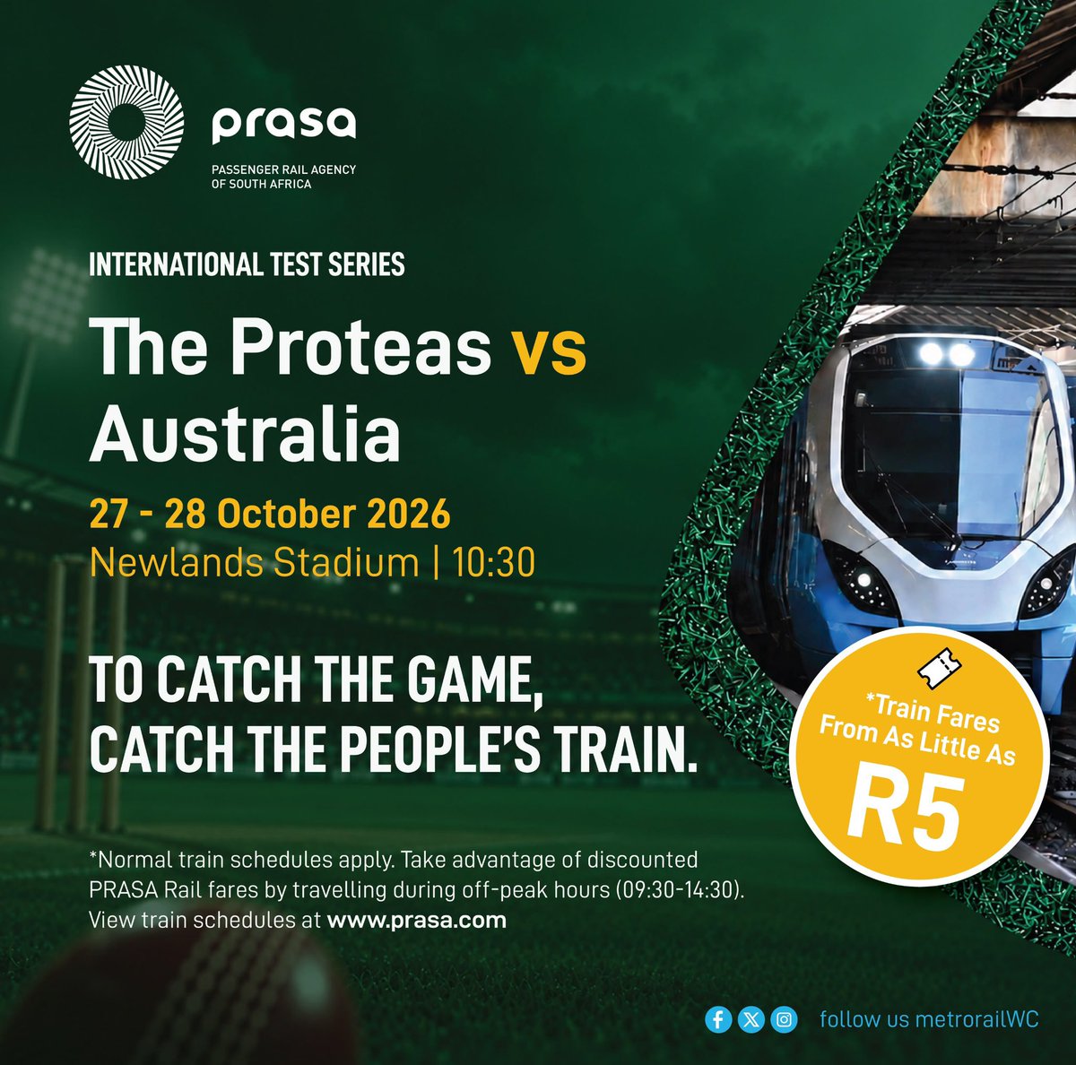 MetrorailWC's tweet photo. 🏏 Catch the Proteas vs Australia at Newlands Stadium on 27–28 October! 🚆

Travel with the #PeoplesTrain and enjoy off-peak fares from just R5 between 09:30 and 14:30.

To catch the game, catch the People’s Train! 💚💛

Check schedules: https://t.co/A8YxqaEI0f

#PRASA #Proteas https://t.co/qc1s7nd606