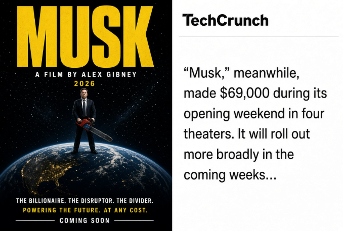 TermSheet_Hero's tweet photo. alex gibney’s musk doc runs nearly four hours and opened in four theaters for $69k. elon called it a hit piece. that’s the gentlest hit in history https://t.co/2RINyD9Sxb