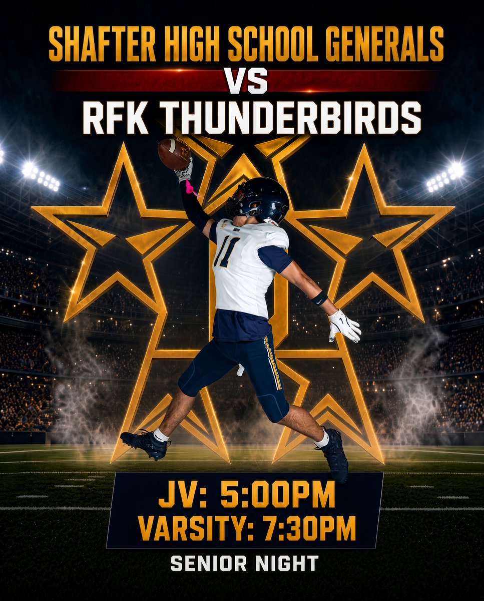 ShafterFootball's tweet photo. ITS GAME DAY!!!!!! It's week 9 and we have RFK coming into town.  We need Shafter to Show up and Show out.  Its a huge SSL matchup and it's Senior night.  LET'S GO!!!! GeneralsLEAD https://t.co/AdFUrQmytR