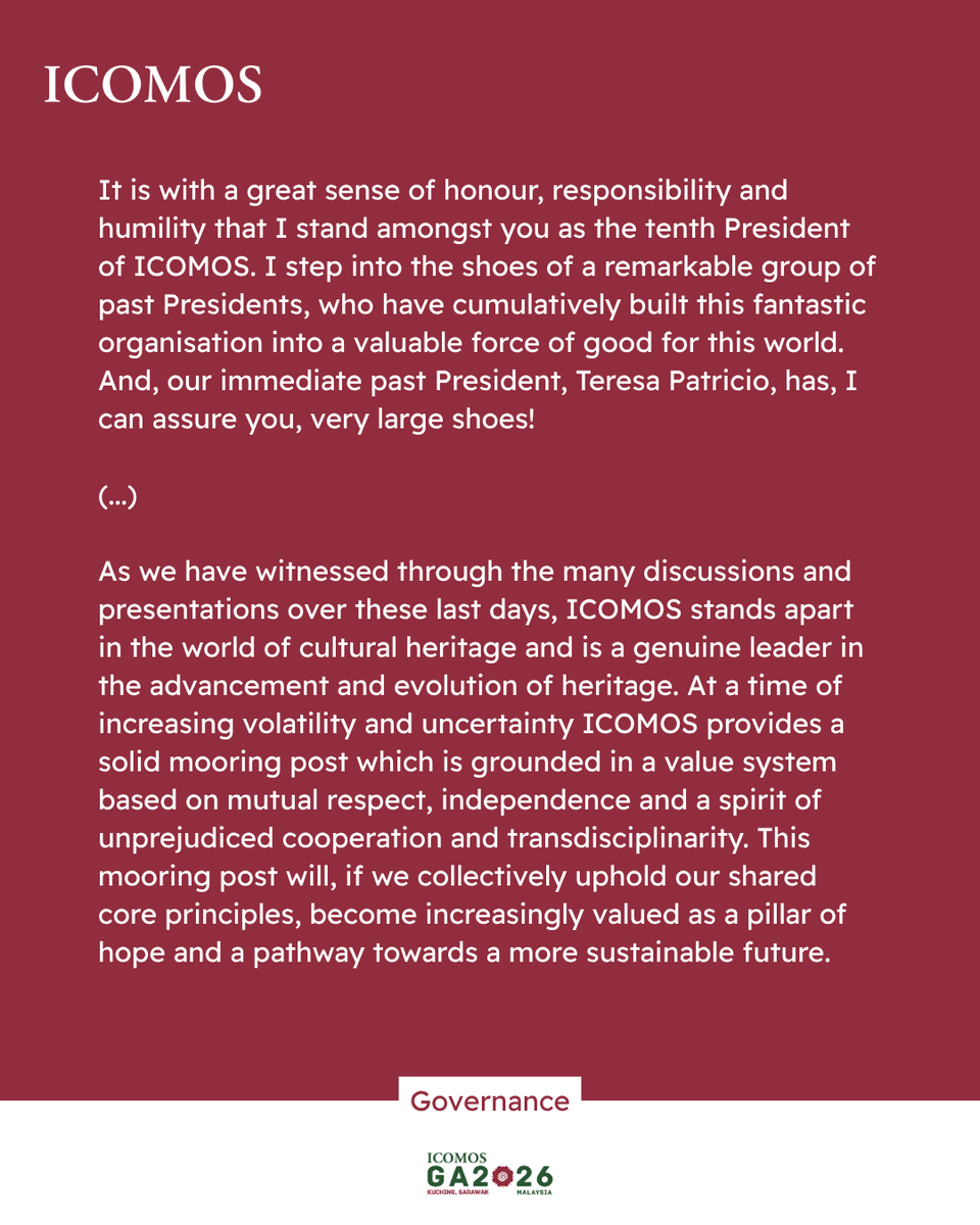 ICOMOS's tweet photo. ICOMOS GENERAL ASSEMBLY 2026 | Address by Gráinne Shaffrey
During the ICOMOS General Assembly in Kuching,  @GrainneShaffrey was elected as the new President of ICOMOS for the 2026–2029 term.

As the event draws to a close, the newly elected president of ICOMOS addresses the General Assembly for the first time in her term.

▪️Read the full Address of Gráinne Shaffrey, newly elected ICOMOS President ➡️https://t.co/LeV50ojW7O

#ICOMOSGA2026 #ICOMOS #HeritageConservation #GlobalHeritage