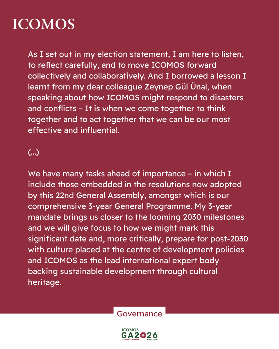 ICOMOS's tweet photo. ICOMOS GENERAL ASSEMBLY 2026 | Address by Gráinne Shaffrey
During the ICOMOS General Assembly in Kuching,  @GrainneShaffrey was elected as the new President of ICOMOS for the 2026–2029 term.

As the event draws to a close, the newly elected president of ICOMOS addresses the General Assembly for the first time in her term.

▪️Read the full Address of Gráinne Shaffrey, newly elected ICOMOS President ➡️https://t.co/LeV50ojW7O

#ICOMOSGA2026 #ICOMOS #HeritageConservation #GlobalHeritage