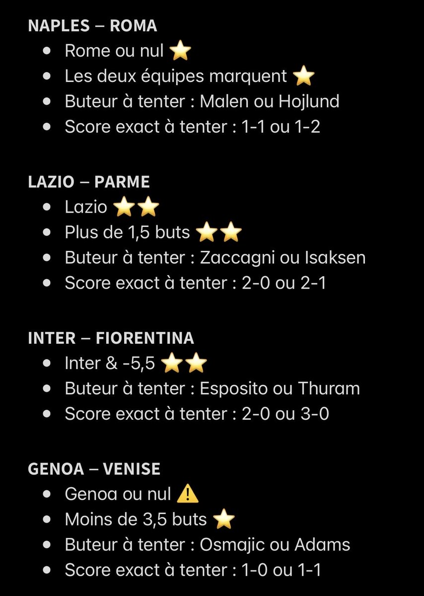 NtkPronos's tweet photo. 🇮🇹 Mes avis SERIE A ! 

⚠️ Match à éviter
⭐️ Petite confiance
⭐️⭐️ Bonne confiance

❤️ Pense au p’tit LIKE pour le travail https://t.co/xKdB4Ypskk